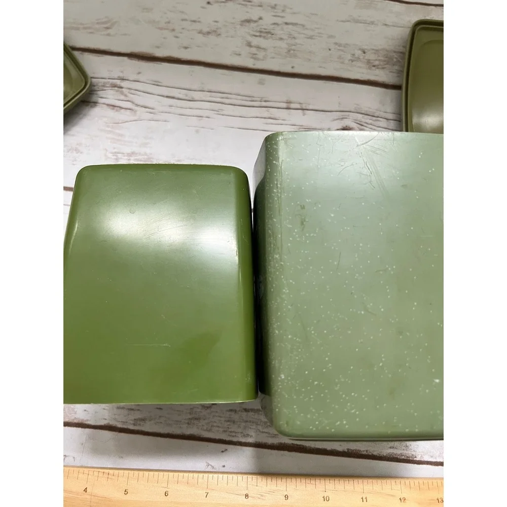 Vintage Plastic Floral Canister Set Avocado Green Retro Daisy 70s Kitchen 2pc